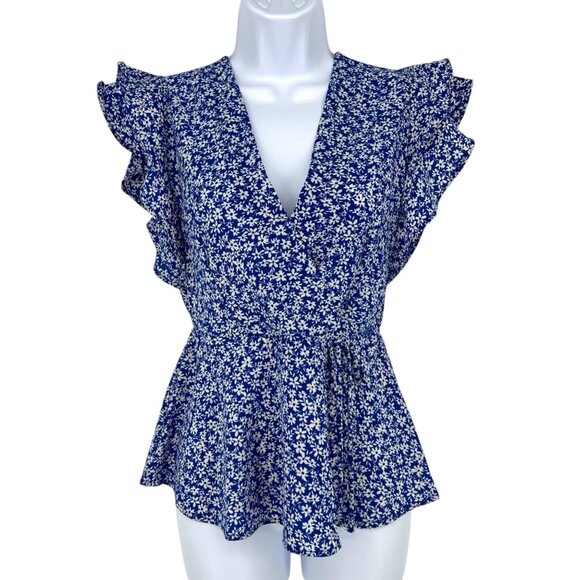 Monteau Floral Ruffle Sleeve Wrap Peplum Blouse Blue White Size Small - Picture 1 of 11